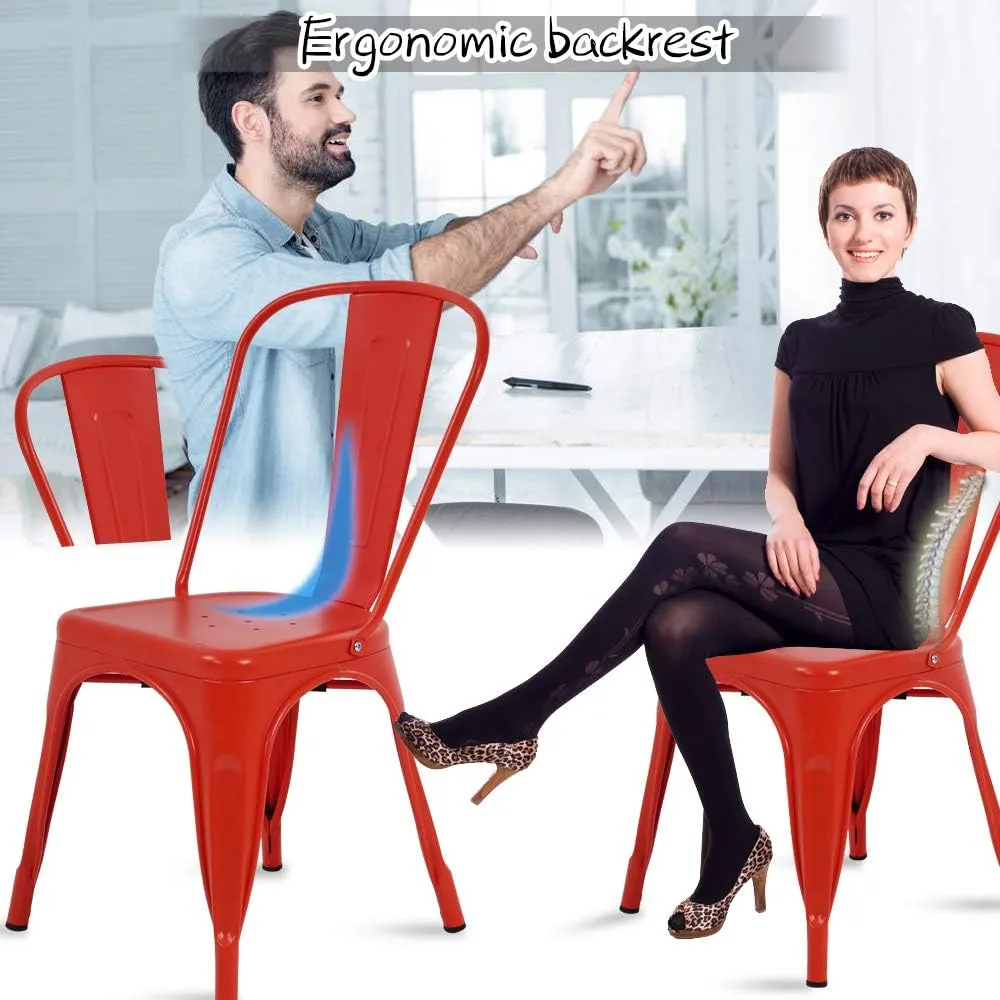 Metal Chairs Set of 4 for Dining Room Metal Bar Stools Red Metal Stool with Back Trattoria Chairs 18 Inch Seat Width Industrial Chair No Arms Tolix Stool 330LBS Weight Capacity,Red
