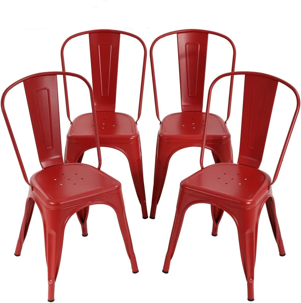 Metal Dining Chairs Indoor-Outdoor Stackable Chic Restaurant Bistro Chair Set of 4 330LBS Weight Capacity Sturdy Cafe Tolix Kitchen Farmhouse Pub Trattoria Industrial Side Bar Chairs Red