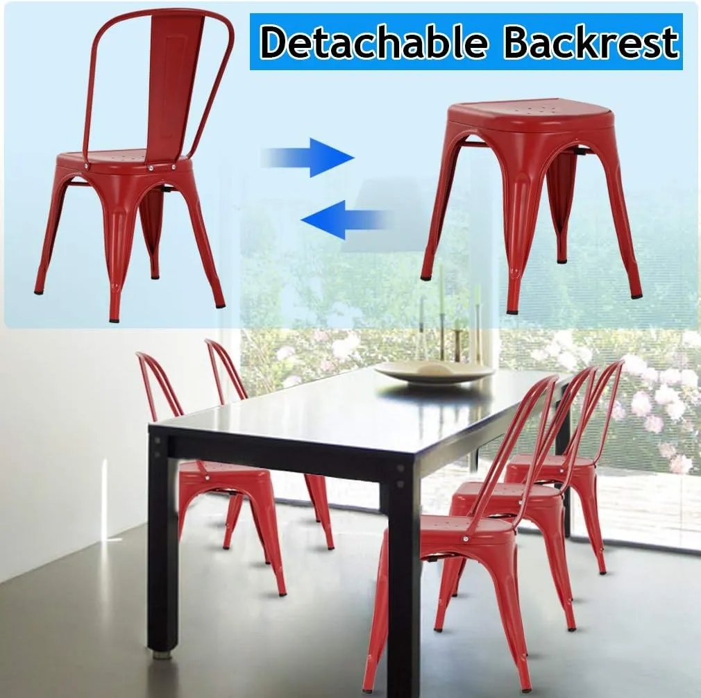 Metal Dining Chairs Indoor-Outdoor Stackable Chic Restaurant Bistro Chair Set of 4 330LBS Weight Capacity Sturdy Cafe Tolix Kitchen Farmhouse Pub Trattoria Industrial Side Bar Chairs Red