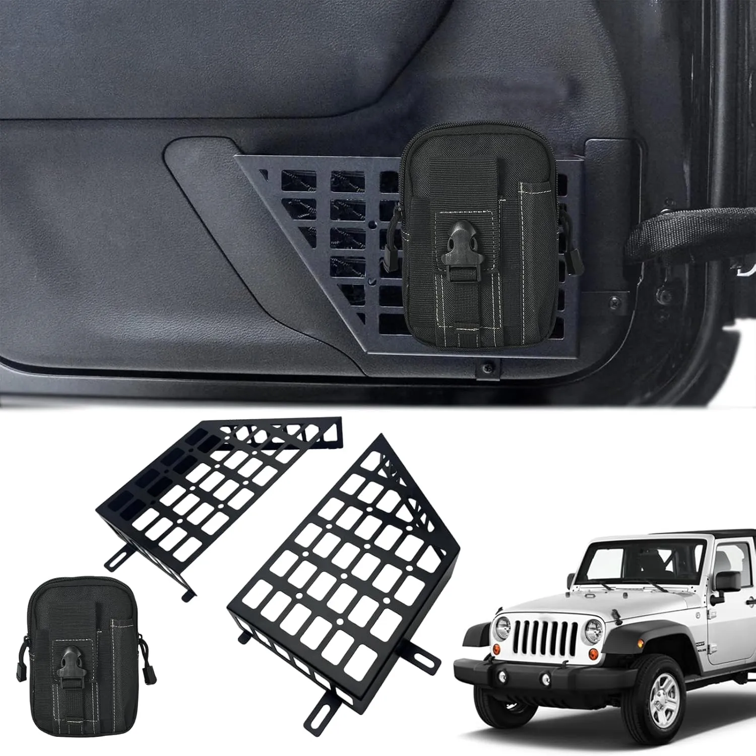 Metal Front Door Storage Box, Door Side Insert Organizer Box Pockets for 2007-2018 Jeep Wrangler JK 2/4 Door 2pcs(Black) with 3C Carry Bag