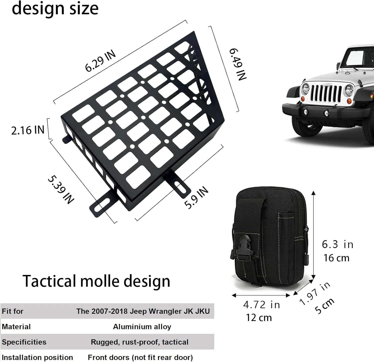 Metal Front Door Storage Box, Door Side Insert Organizer Box Pockets for 2007-2018 Jeep Wrangler JK 2/4 Door 2pcs(Black) with 3C Carry Bag
