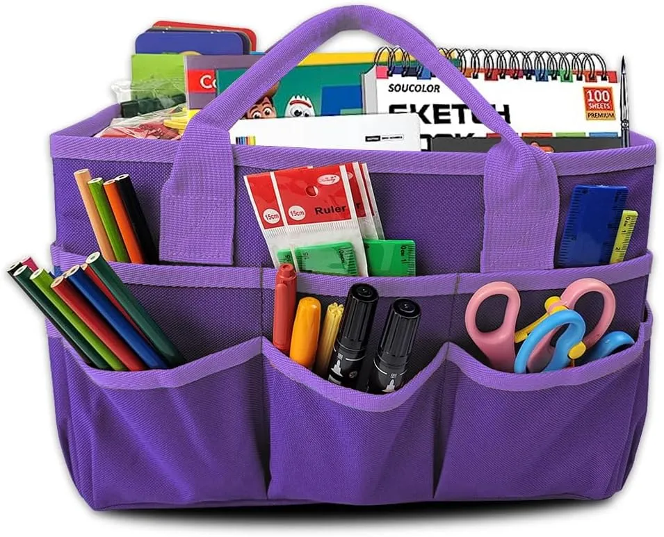 Mewise Teacher Handle Tote Bag Organizer,Tote Bag Organization for Crafts,Art,Paper,Books,School,Sewing,Travel with Handles,Ofiice Supplies Storage (Purple)