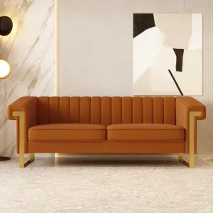 Mid-Century Modern Orange Velvet Sofa with Gold Metal Legs, 83.86" Luxury Chesterfield Comfy Couches for Living Room (Velvet, Orange)