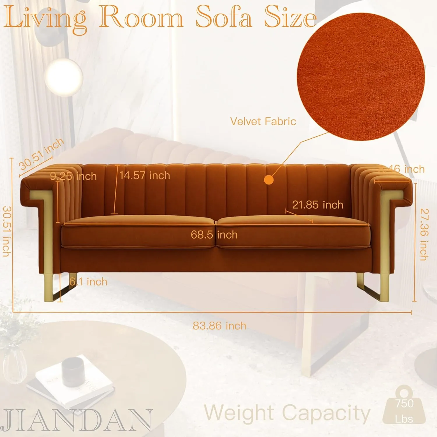 Mid-Century Modern Orange Velvet Sofa with Gold Metal Legs, 83.86" Luxury Chesterfield Comfy Couches for Living Room (Velvet, Orange)