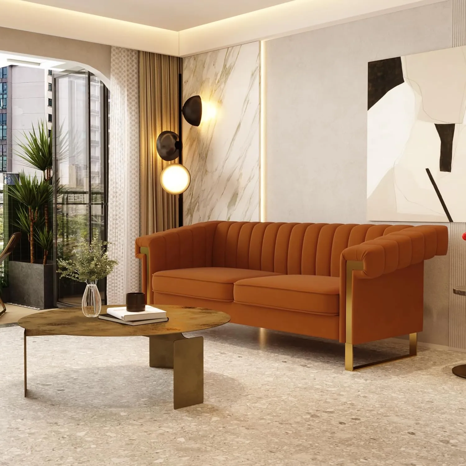 Mid-Century Modern Orange Velvet Sofa with Gold Metal Legs, 83.86" Luxury Chesterfield Comfy Couches for Living Room (Velvet, Orange)