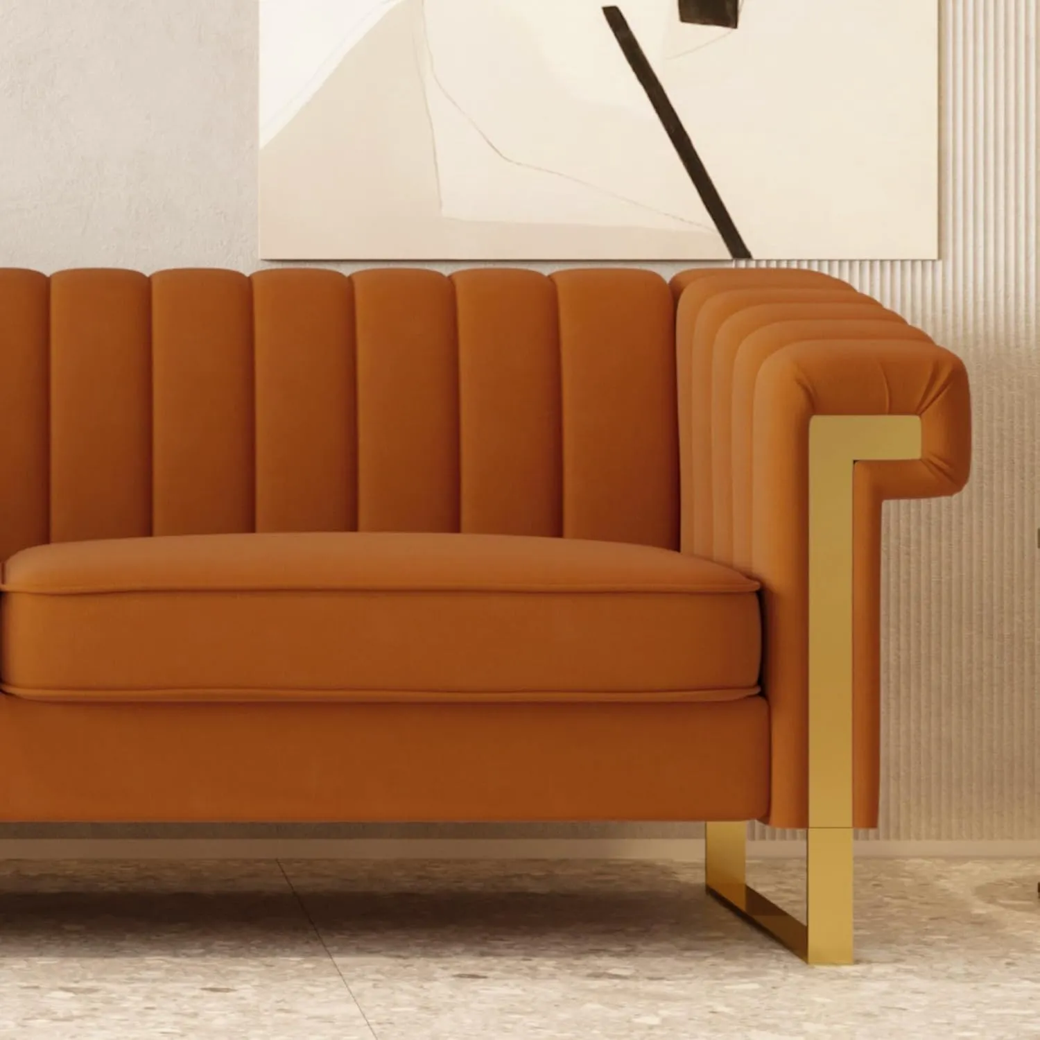 Mid-Century Modern Orange Velvet Sofa with Gold Metal Legs, 83.86" Luxury Chesterfield Comfy Couches for Living Room (Velvet, Orange)