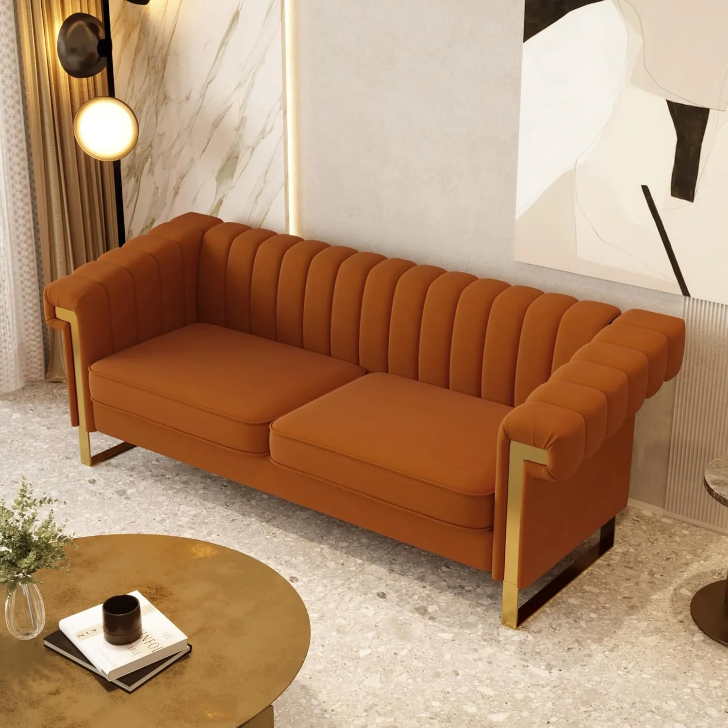 Mid-Century Modern Orange Velvet Sofa with Gold Metal Legs, 83.86" Luxury Chesterfield Comfy Couches for Living Room (Velvet, Orange)