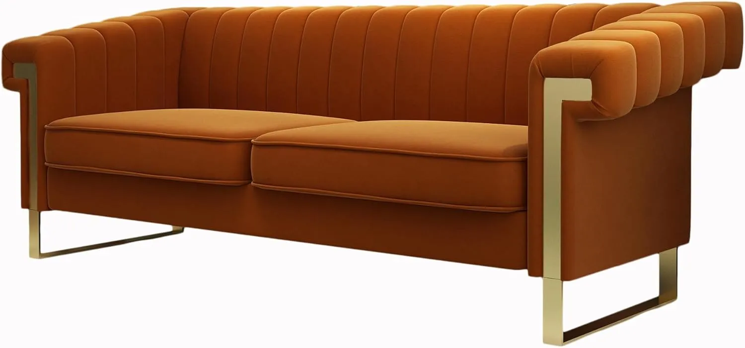 Mid-Century Modern Orange Velvet Sofa with Gold Metal Legs, 83.86" Luxury Chesterfield Comfy Couches for Living Room (Velvet, Orange)