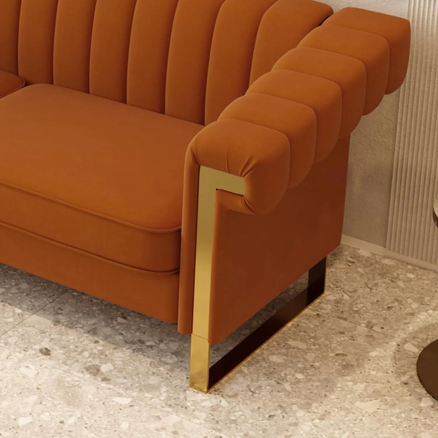Mid-Century Modern Orange Velvet Sofa with Gold Metal Legs, 83.86" Luxury Chesterfield Comfy Couches for Living Room (Velvet, Orange)