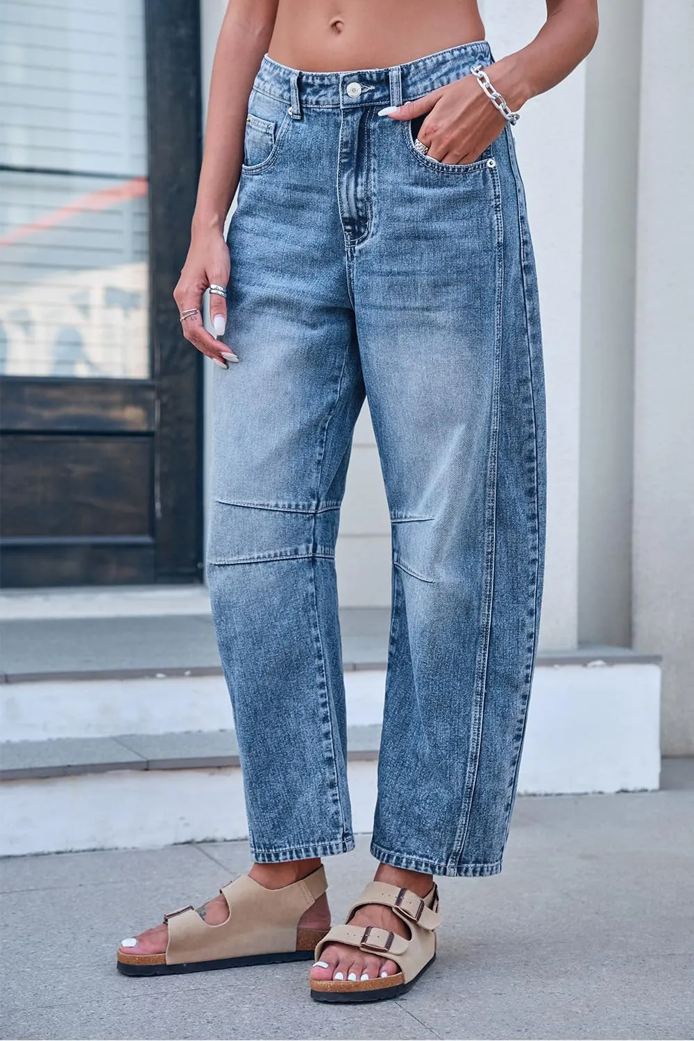 Mid Rise Barrel Jeans for Women Mid Waist Wide Leg Cropped Denim Pants Y2k Baggy Boyfriend Jeans with Pockets