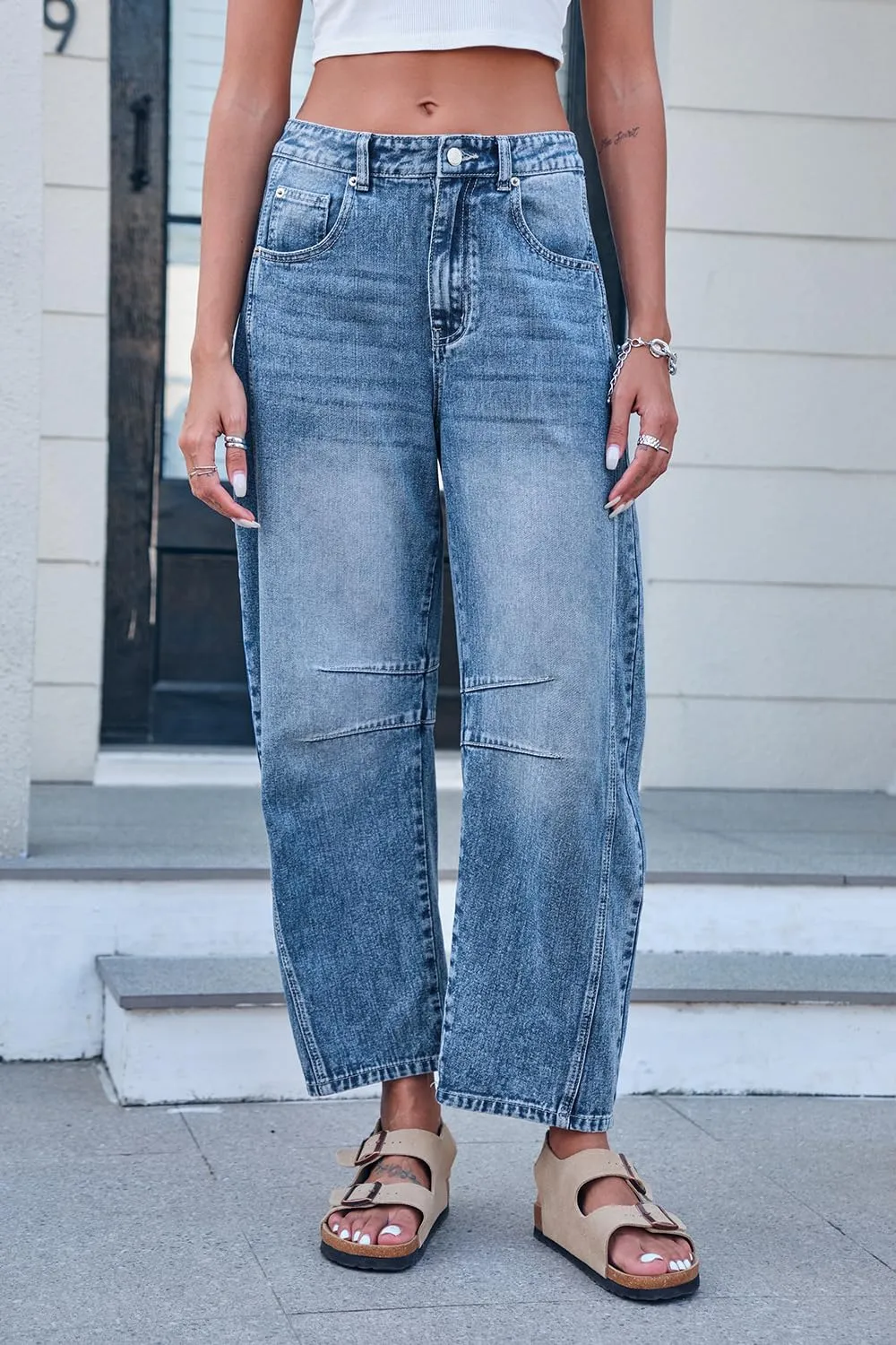 Mid Rise Barrel Jeans for Women Mid Waist Wide Leg Cropped Denim Pants Y2k Baggy Boyfriend Jeans with Pockets