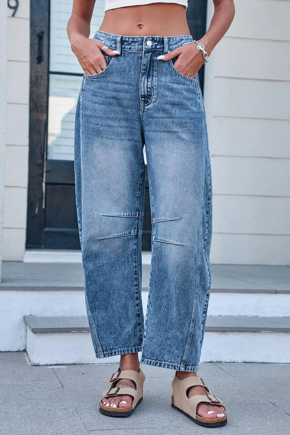 Mid Rise Barrel Jeans for Women Mid Waist Wide Leg Cropped Denim Pants Y2k Baggy Boyfriend Jeans with Pockets
