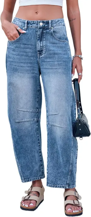Mid Rise Barrel Jeans for Women Mid Waist Wide Leg Cropped Denim Pants Y2k Baggy Boyfriend Jeans with Pockets
