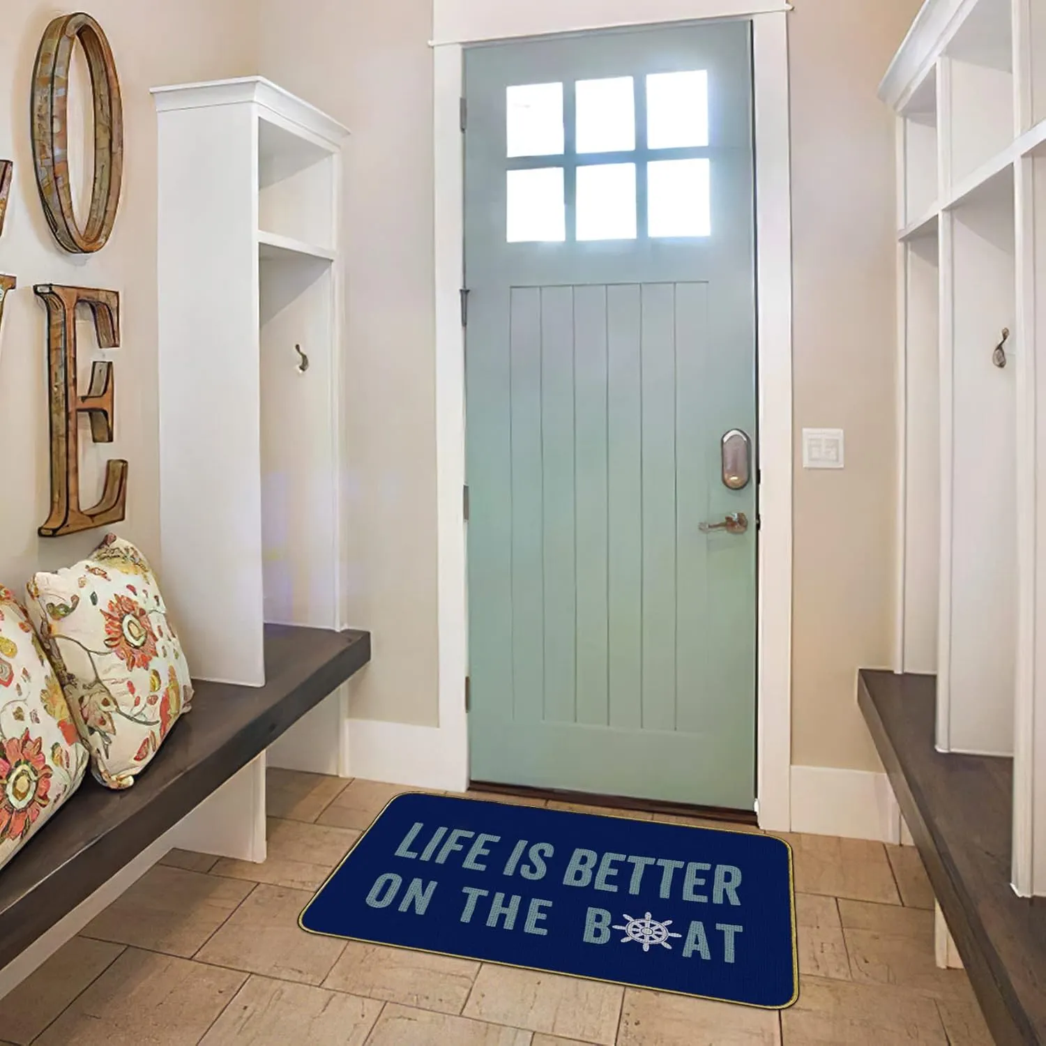 Mingnei Life is Better On The Boat Navy Doormat Door Mat for Home Entrance,Rustic Lake House Floor Mats for House Front Indoor Inside Outdoor Outside Entryway Rug 30 x 17 Welcome Mat