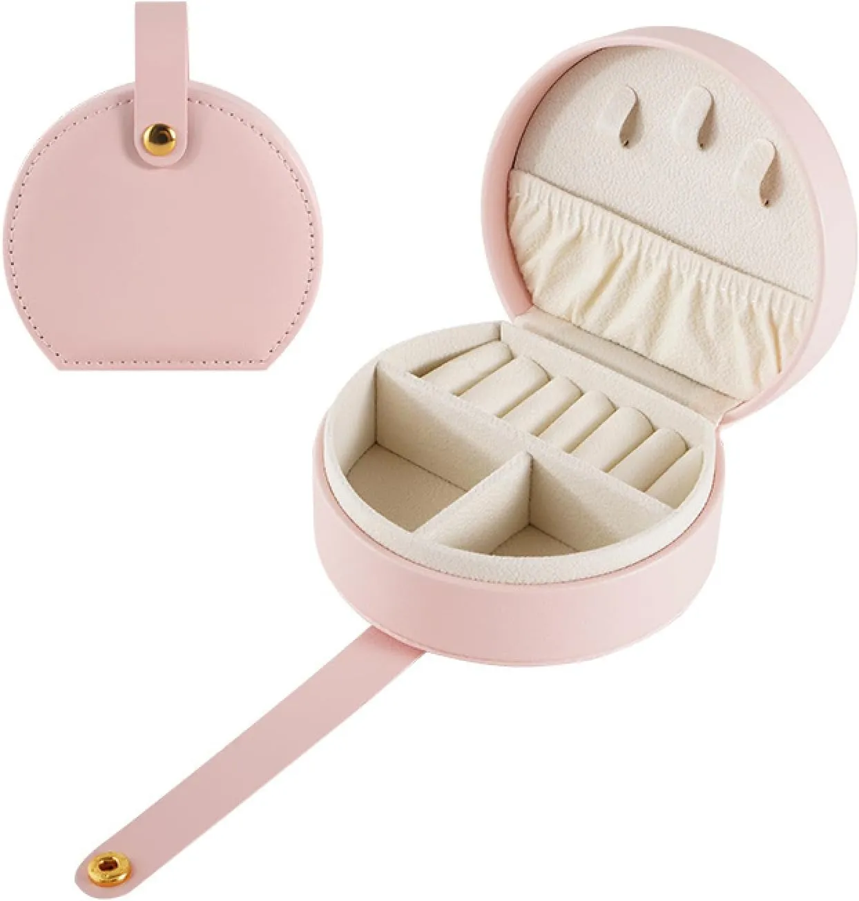Mini Jewelry Box, Portable Travel Jewelry Organizer Case Holder with Handle for Necklaces, Earrings, Rings, PU Leather Small Jewelry Storage Bag for Travel, Work, Gift (Pink)