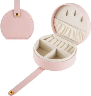 Mini Jewelry Box, Portable Travel Jewelry Organizer Case Holder with Handle for Necklaces, Earrings, Rings, PU Leather Small Jewelry Storage Bag for Travel, Work, Gift (Pink)