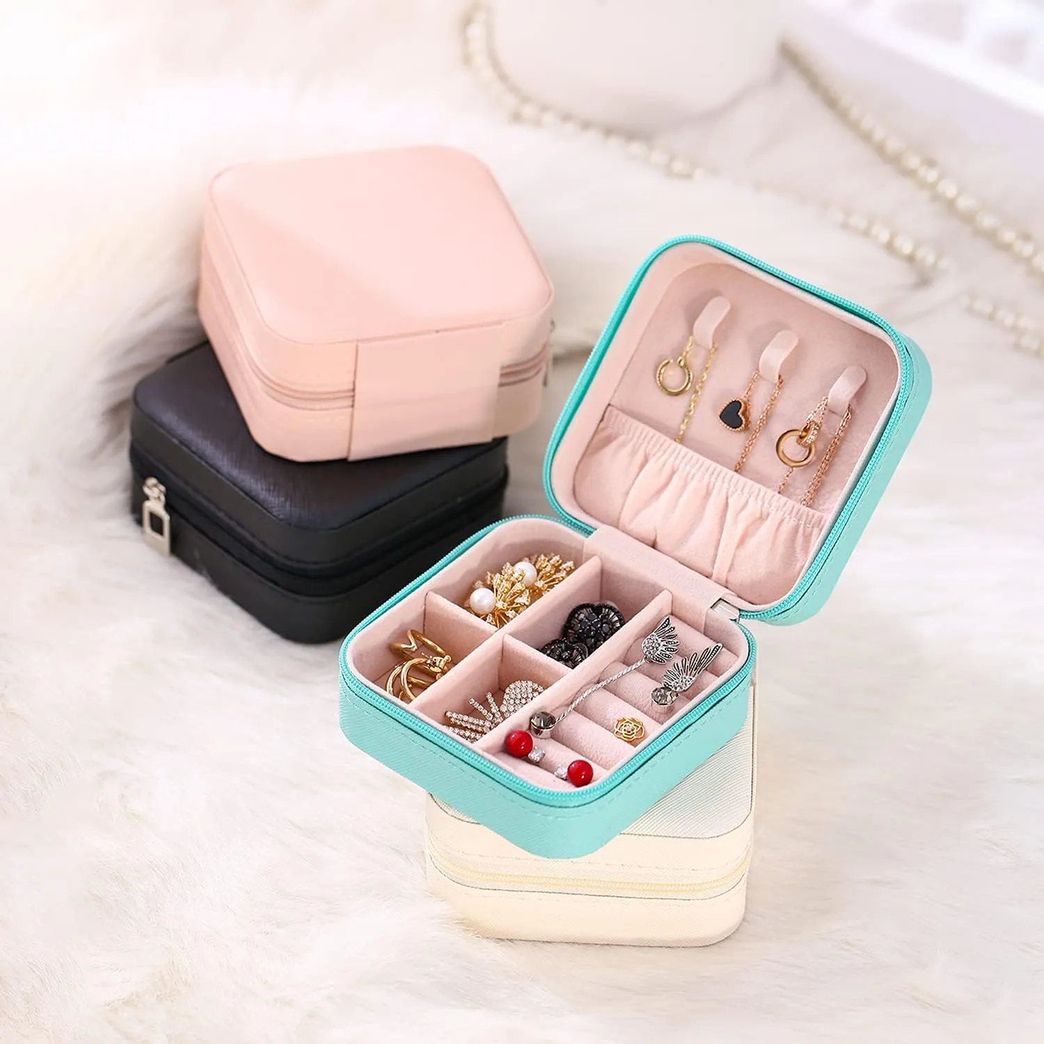 Mini Jewelry Case, Small Travel Jewelry Organizer, Portable Jewelry Box Storage Display Box For Rings, Earrings, Necklaces (Black-4pcs)