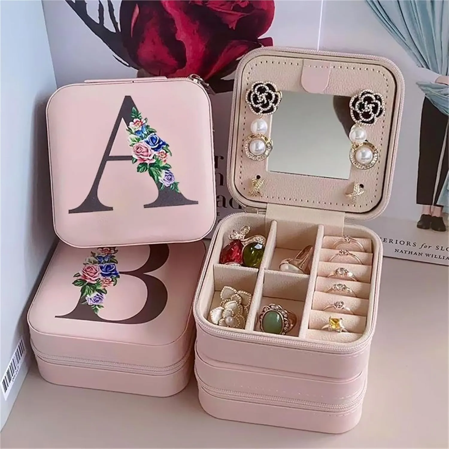 Mini Jewelry Travel Case,Small Jewelry Box, Personalized Traveling Jewelry Organizer,Portable Jewellery Storage Holder For Rings Earrings Necklace Bracelet Boxes Birthday Gifts For Girls Women(E)