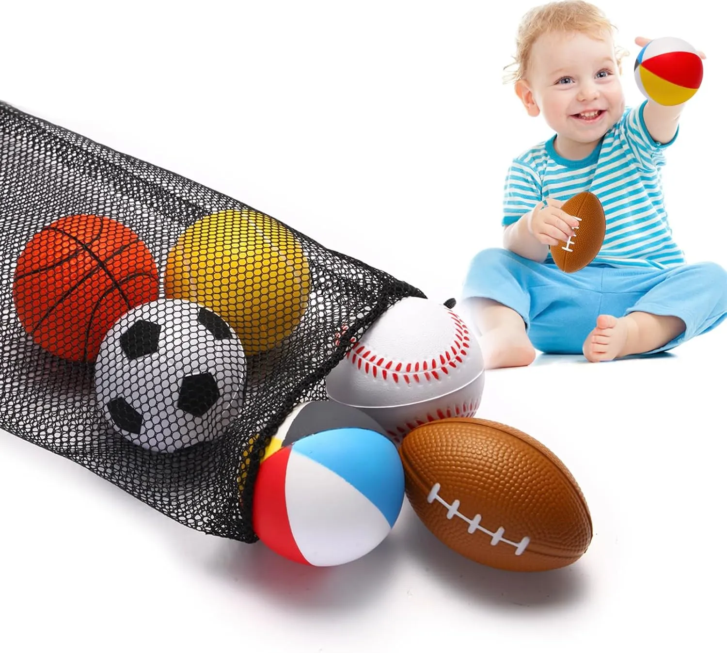 Mini Sports Balls Set of 6 Foam Ball for Kids 2.8 inch Soft Balls for Toddlers with Bag Includes Soccer, Basketball, Football, Baseball ,Tennis and Beach ball- Throwing Toys for Baby Boy and Girl