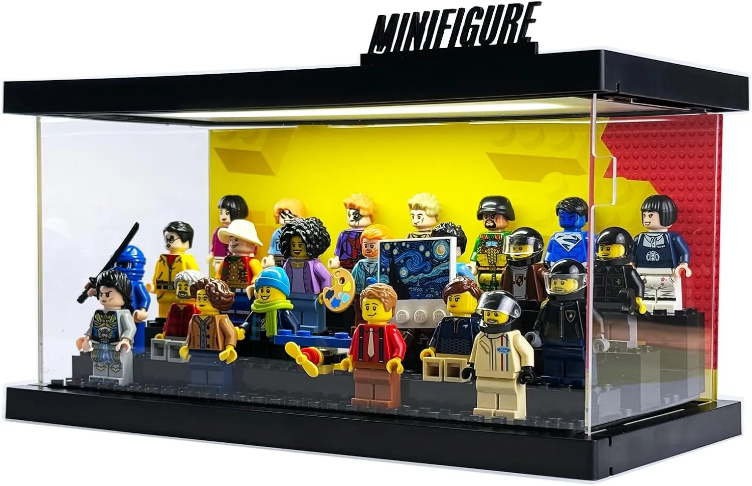 Minifigure Display Case with LED Lights - Clear Dustproof Acrylic Display Box - Removable and Freely Assembled Brick Base (Yellow)