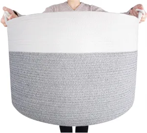 MINTWOOD Design Extra Large 22 x 16in Decorative Woven Cotton Rope Blanket Storage Basket Bin Living Room with Handles and Laundry Hamper for Pillows, Pool Towels, Dog Toys, Shoes, Light Grey