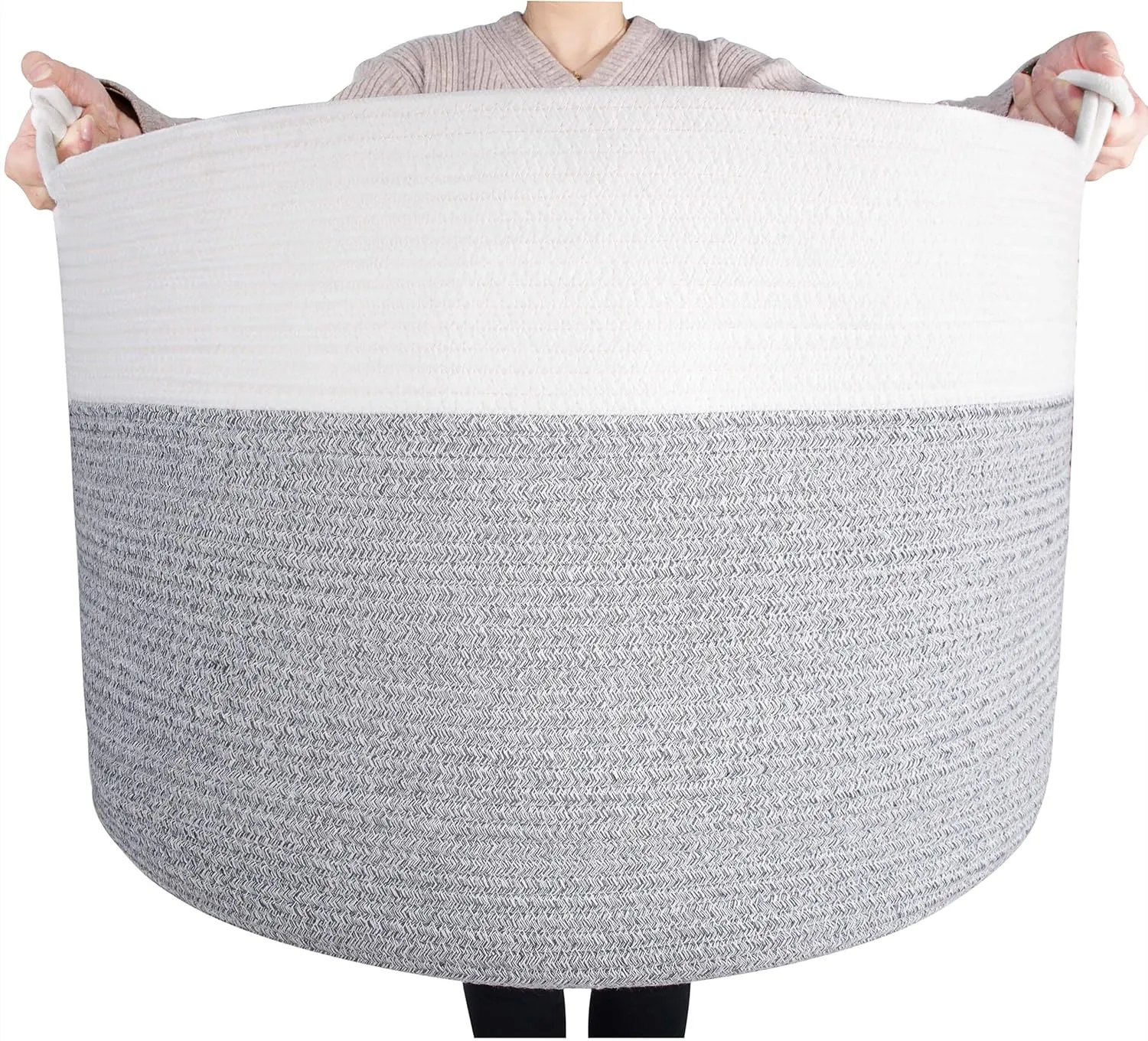 MINTWOOD Design Extra Large 22 x 16in Decorative Woven Cotton Rope Blanket Storage Basket Bin Living Room with Handles and Laundry Hamper for Pillows, Pool Towels, Dog Toys, Shoes, Light Grey