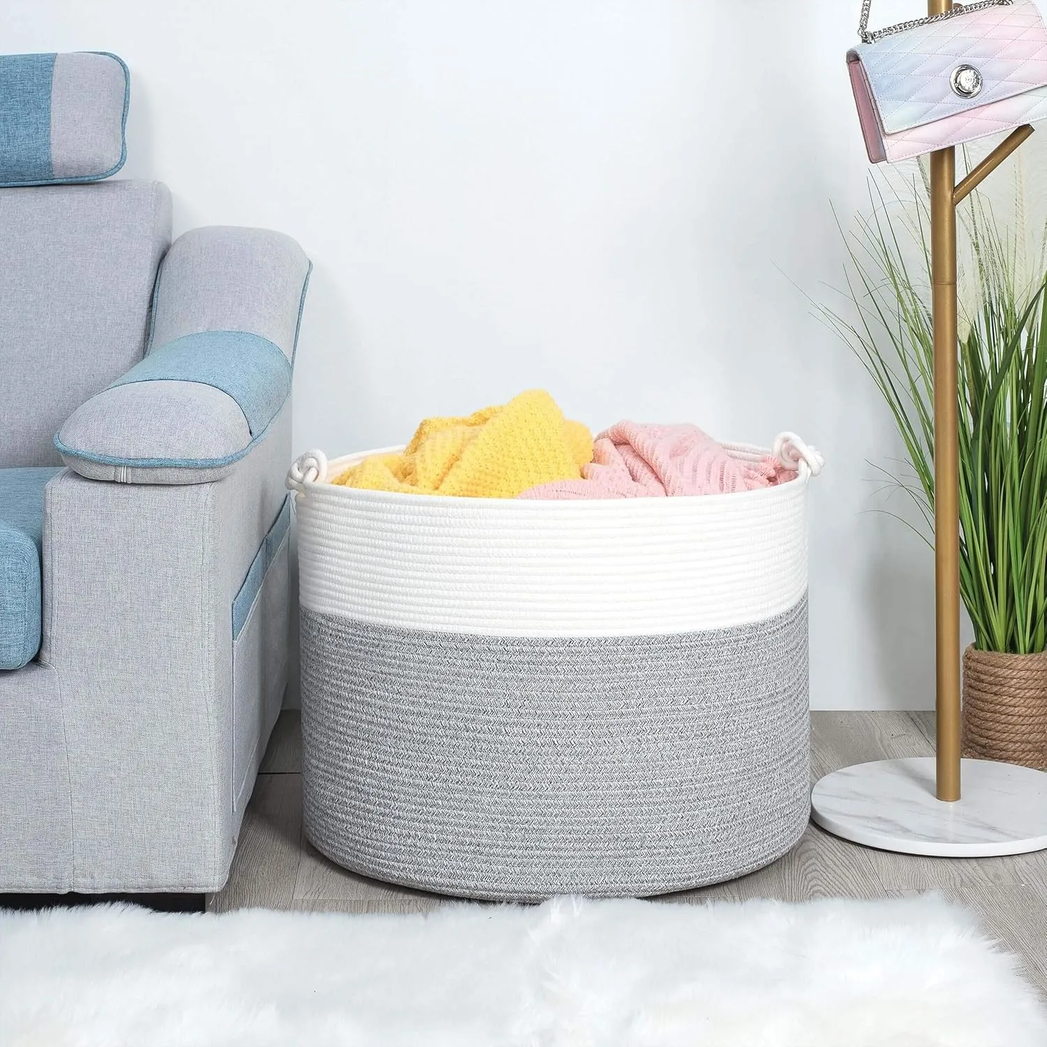 MINTWOOD Design Extra Large 22 x 16in Decorative Woven Cotton Rope Blanket Storage Basket Bin Living Room with Handles and Laundry Hamper for Pillows, Pool Towels, Dog Toys, Shoes, Light Grey