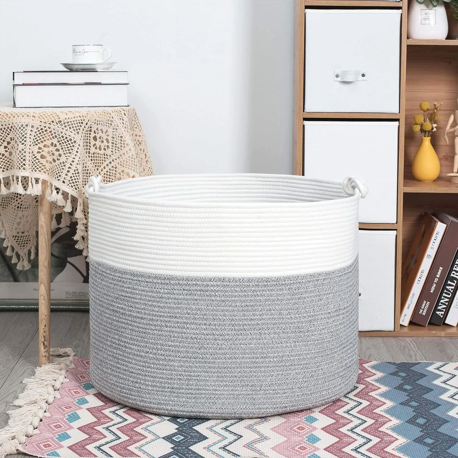 MINTWOOD Design Extra Large 22 x 16in Decorative Woven Cotton Rope Blanket Storage Basket Bin Living Room with Handles and Laundry Hamper for Pillows, Pool Towels, Dog Toys, Shoes, Light Grey