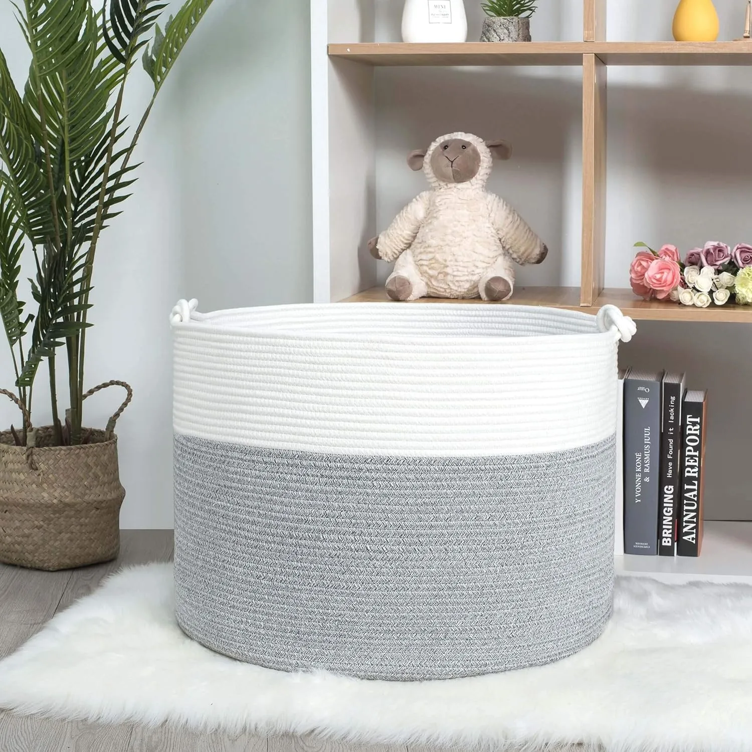 MINTWOOD Design Extra Large 22 x 16in Decorative Woven Cotton Rope Blanket Storage Basket Bin Living Room with Handles and Laundry Hamper for Pillows, Pool Towels, Dog Toys, Shoes, Light Grey
