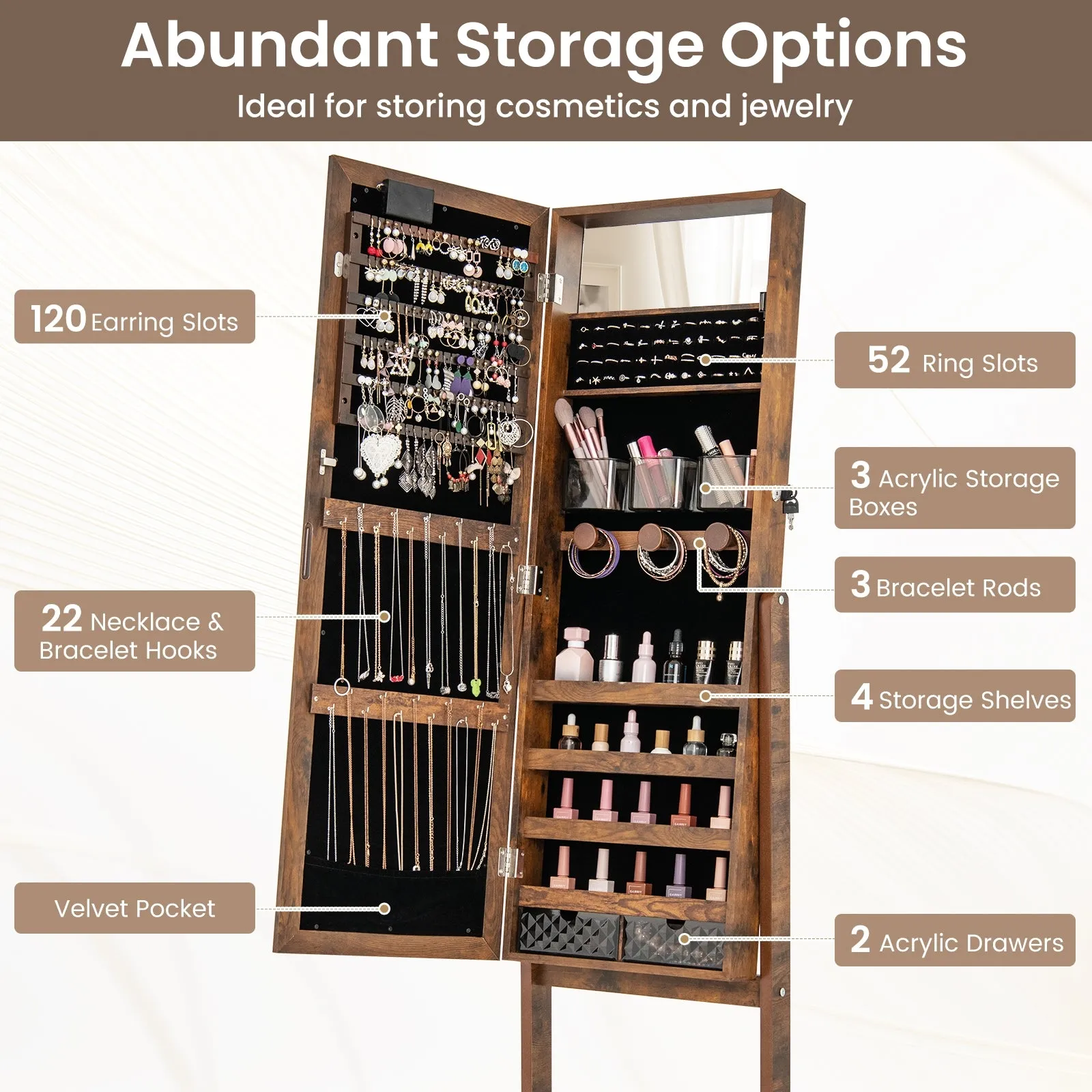 Mirror Jewelry Cabinet with 20 Warm Lights and 4 Tilt Angles-Rustic Brown