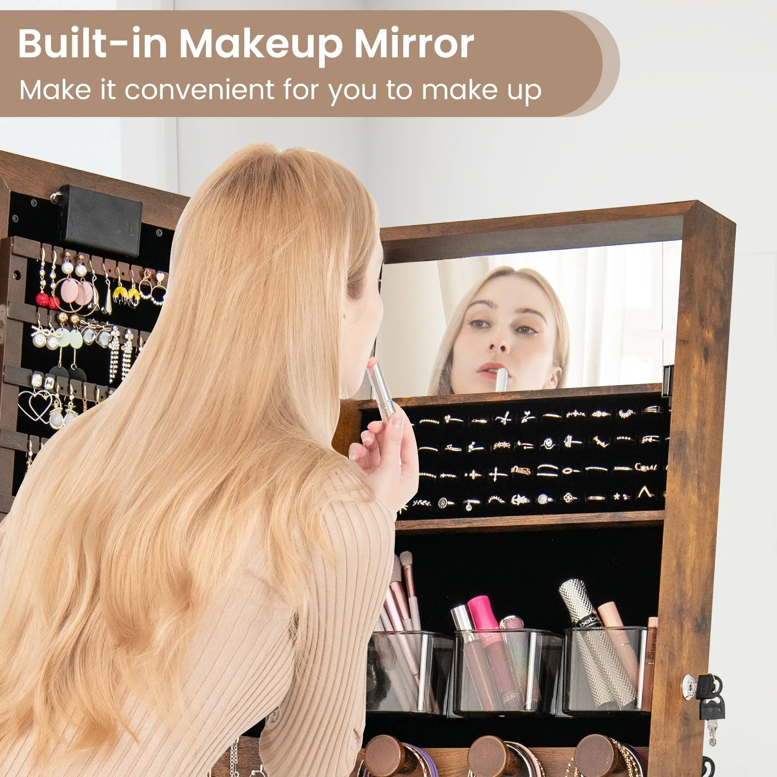 Mirror Jewelry Cabinet with 20 Warm Lights and 4 Tilt Angles-Rustic Brown