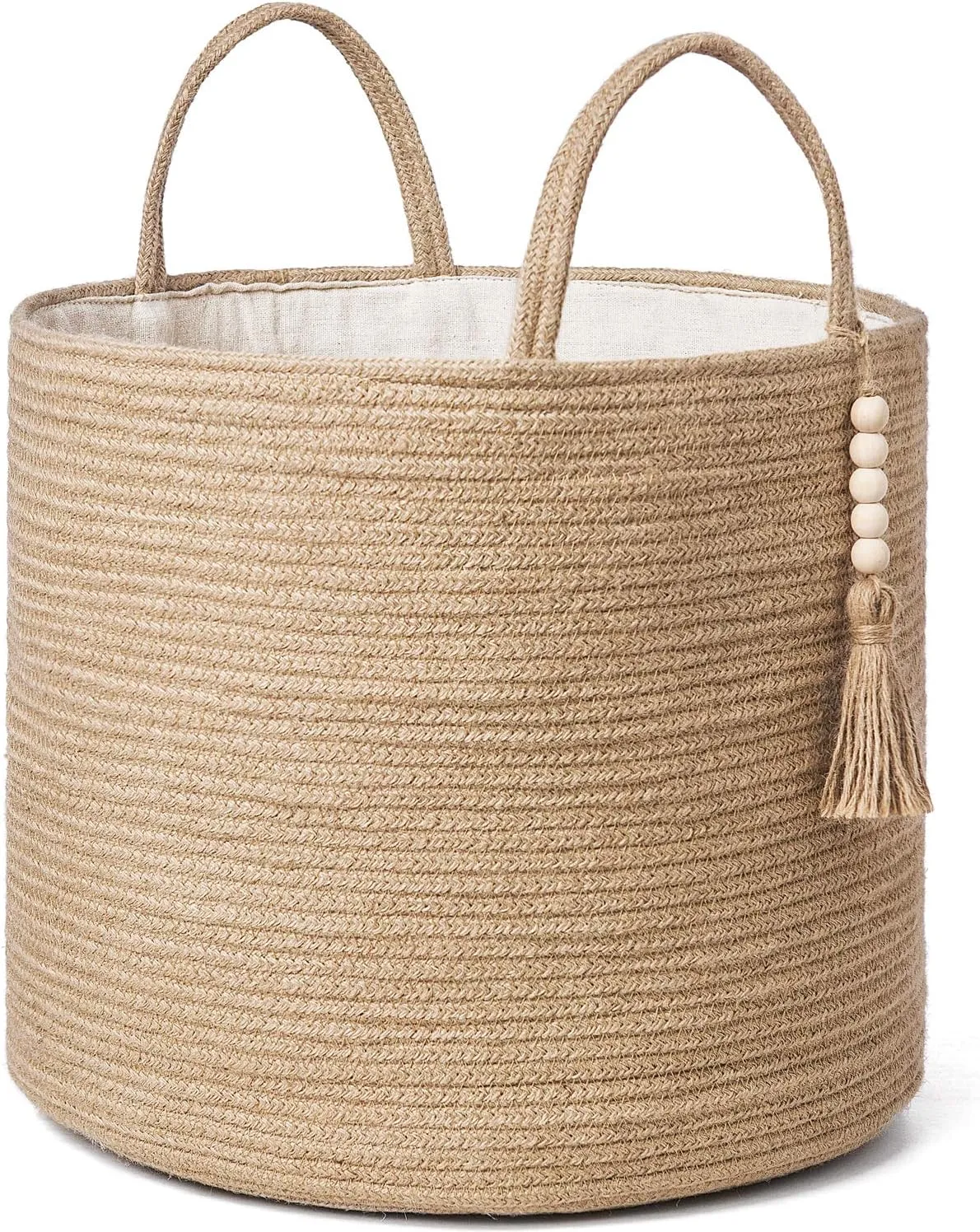 Mkono Woven Storage Basket Decorative Natural Rope Basket Wooden Bead Decoration for Blankets,Toys,Clothes,Shoes,Plant Organizer Bin with Handles Living Room Home Decor, Jute, 16" W × 13.8" L