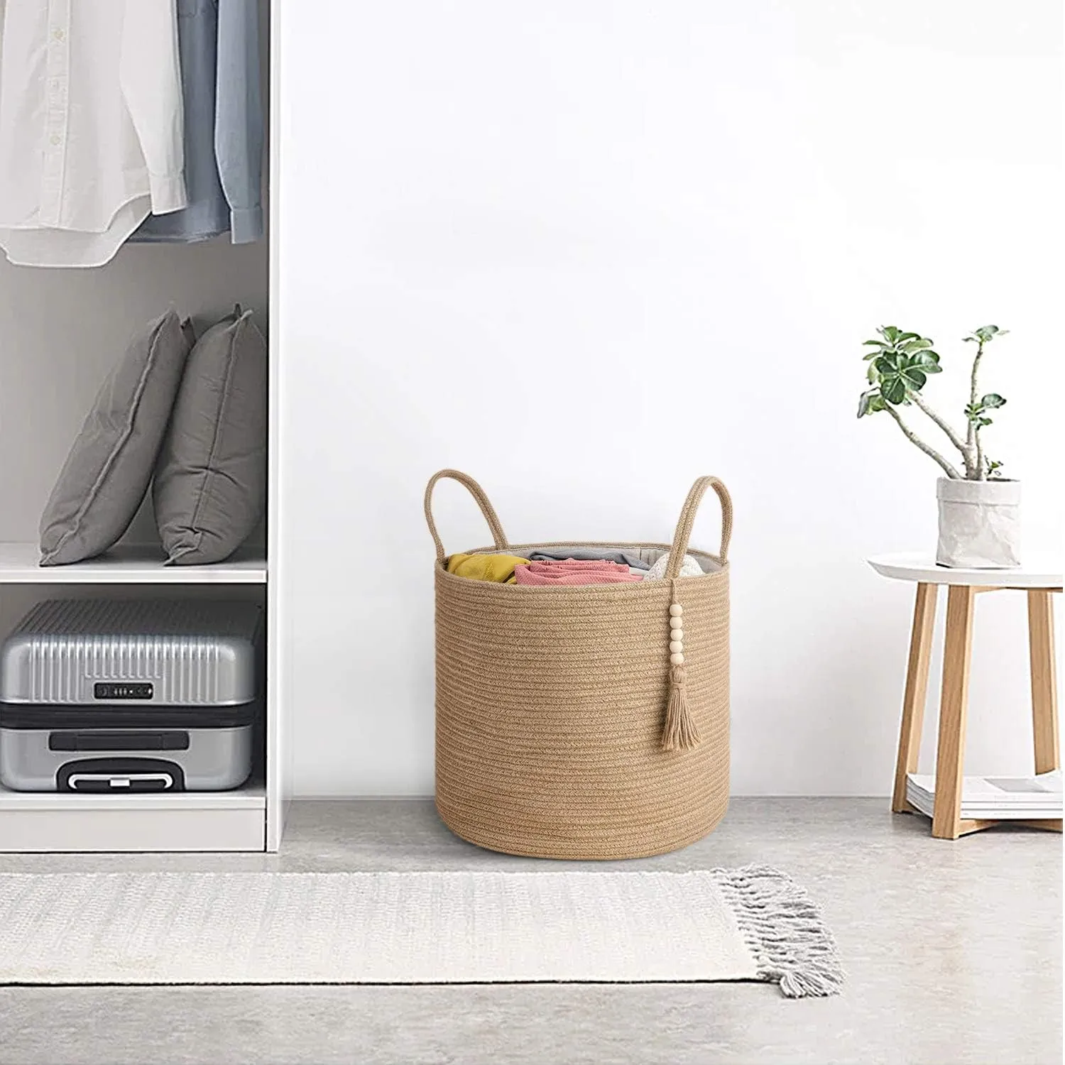 Mkono Woven Storage Basket Decorative Natural Rope Basket Wooden Bead Decoration for Blankets,Toys,Clothes,Shoes,Plant Organizer Bin with Handles Living Room Home Decor, Jute, 16" W × 13.8" L