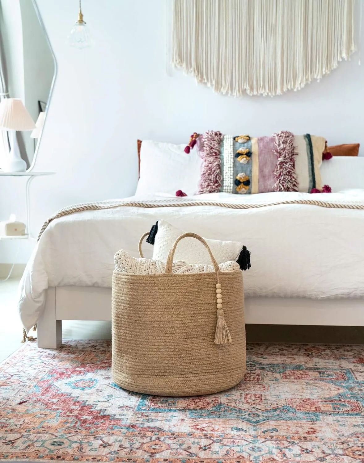 Mkono Woven Storage Basket Decorative Natural Rope Basket Wooden Bead Decoration for Blankets,Toys,Clothes,Shoes,Plant Organizer Bin with Handles Living Room Home Decor, Jute, 16" W × 13.8" L