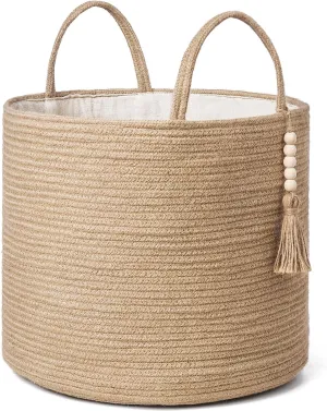 Mkono Woven Storage Basket Decorative Natural Rope Basket Wooden Bead Decoration for Blankets,Toys,Clothes,Shoes,Plant Organizer Bin with Handles Living Room Home Decor, Jute, 16" W × 13.8" L