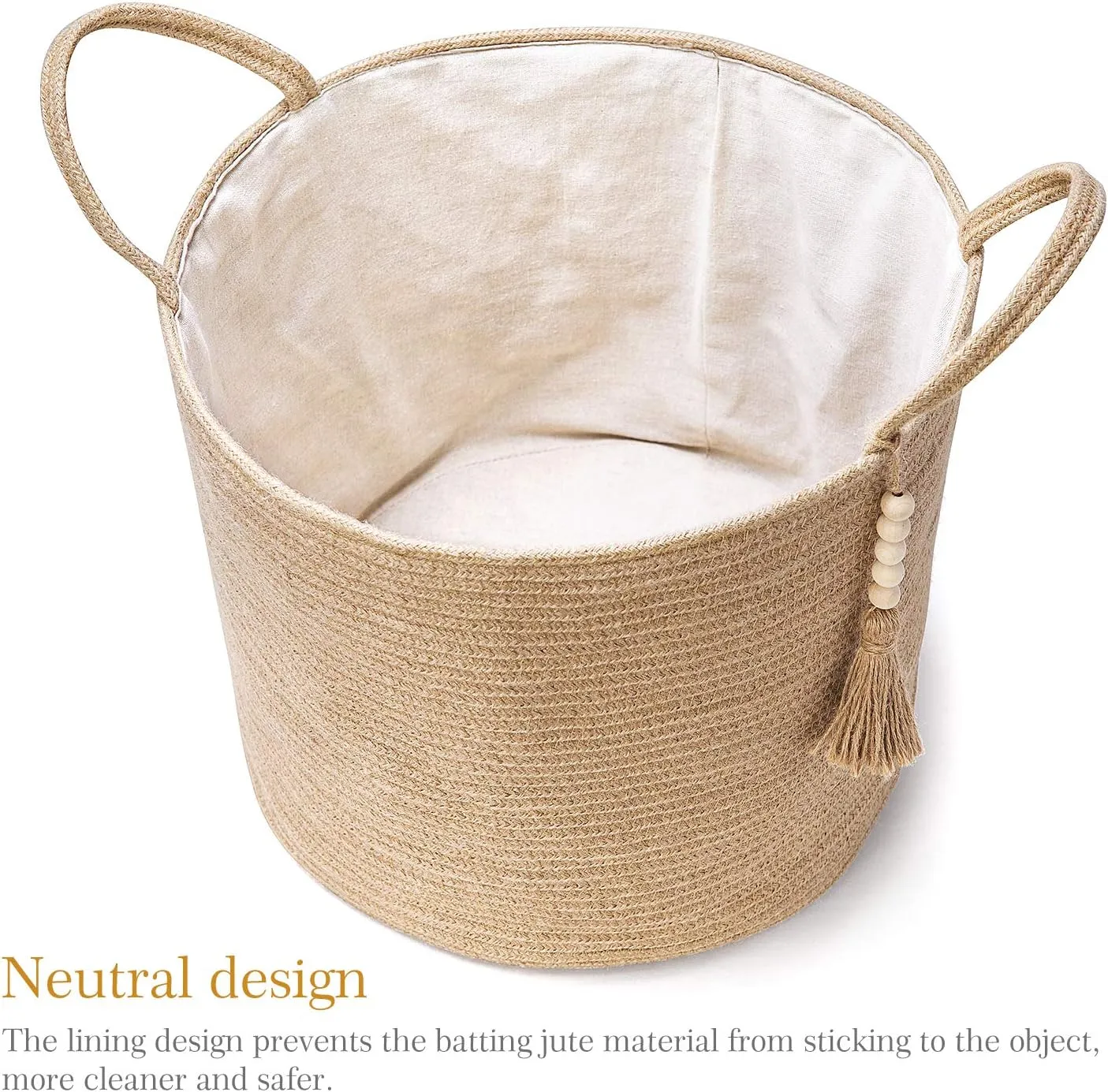 Mkono Woven Storage Basket Decorative Natural Rope Basket Wooden Bead Decoration for Blankets,Toys,Clothes,Shoes,Plant Organizer Bin with Handles Living Room Home Decor, Jute, 16" W × 13.8" L
