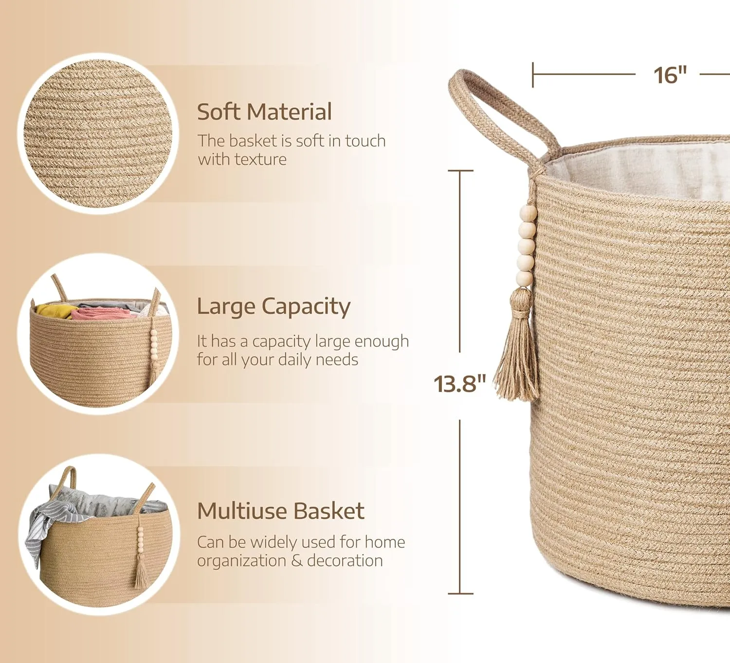 Mkono Woven Storage Basket Decorative Natural Rope Basket Wooden Bead Decoration for Blankets,Toys,Clothes,Shoes,Plant Organizer Bin with Handles Living Room Home Decor, Jute, 16" W × 13.8" L