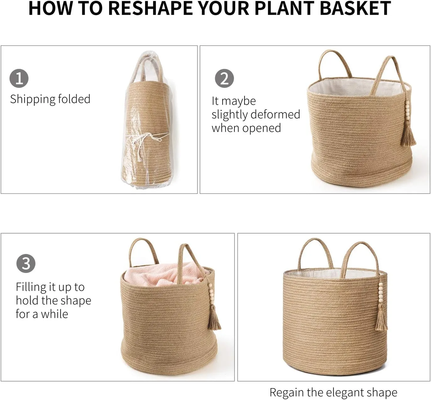 Mkono Woven Storage Basket Decorative Natural Rope Basket Wooden Bead Decoration for Blankets,Toys,Clothes,Shoes,Plant Organizer Bin with Handles Living Room Home Decor, Jute, 16" W × 13.8" L