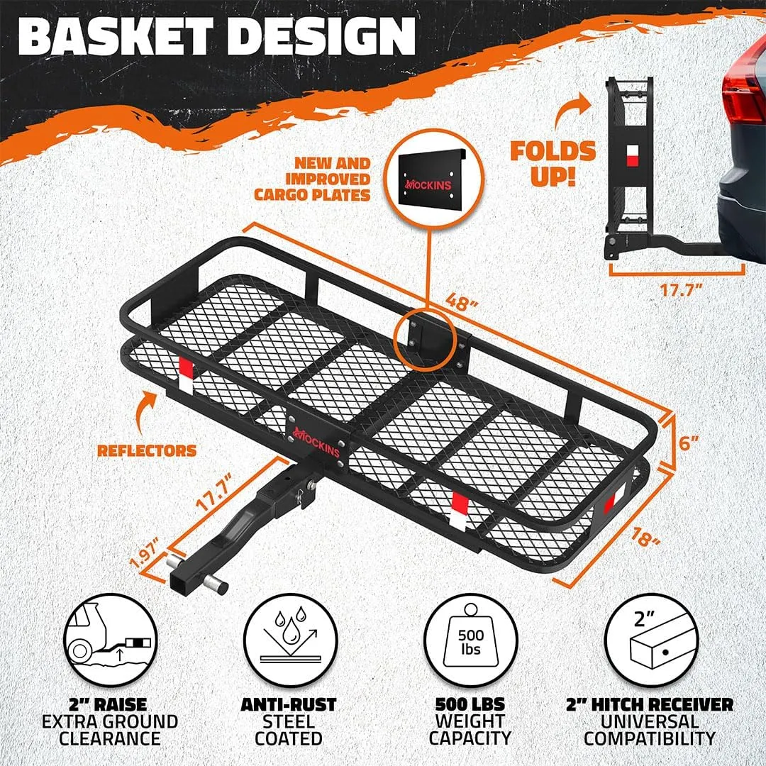 Mockins 48"x18"x6" Heavy Duty Trailer Hitch Cargo Carrier & 15CuFt Waterproof Cargo Bag for Hitch Carrier w/ 4 Packing Cubes | Folding Luggage Rack for SUV/Car & Cargo Carrier Hitch Mount Accessories