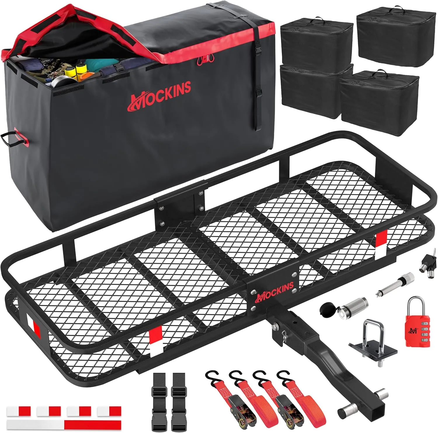 Mockins 48"x18"x6" Heavy Duty Trailer Hitch Cargo Carrier & 15CuFt Waterproof Cargo Bag for Hitch Carrier w/ 4 Packing Cubes | Folding Luggage Rack for SUV/Car & Cargo Carrier Hitch Mount Accessories