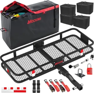Mockins 48"x18"x6" Heavy Duty Trailer Hitch Cargo Carrier & 15CuFt Waterproof Cargo Bag for Hitch Carrier w/ 4 Packing Cubes | Folding Luggage Rack for SUV/Car & Cargo Carrier Hitch Mount Accessories
