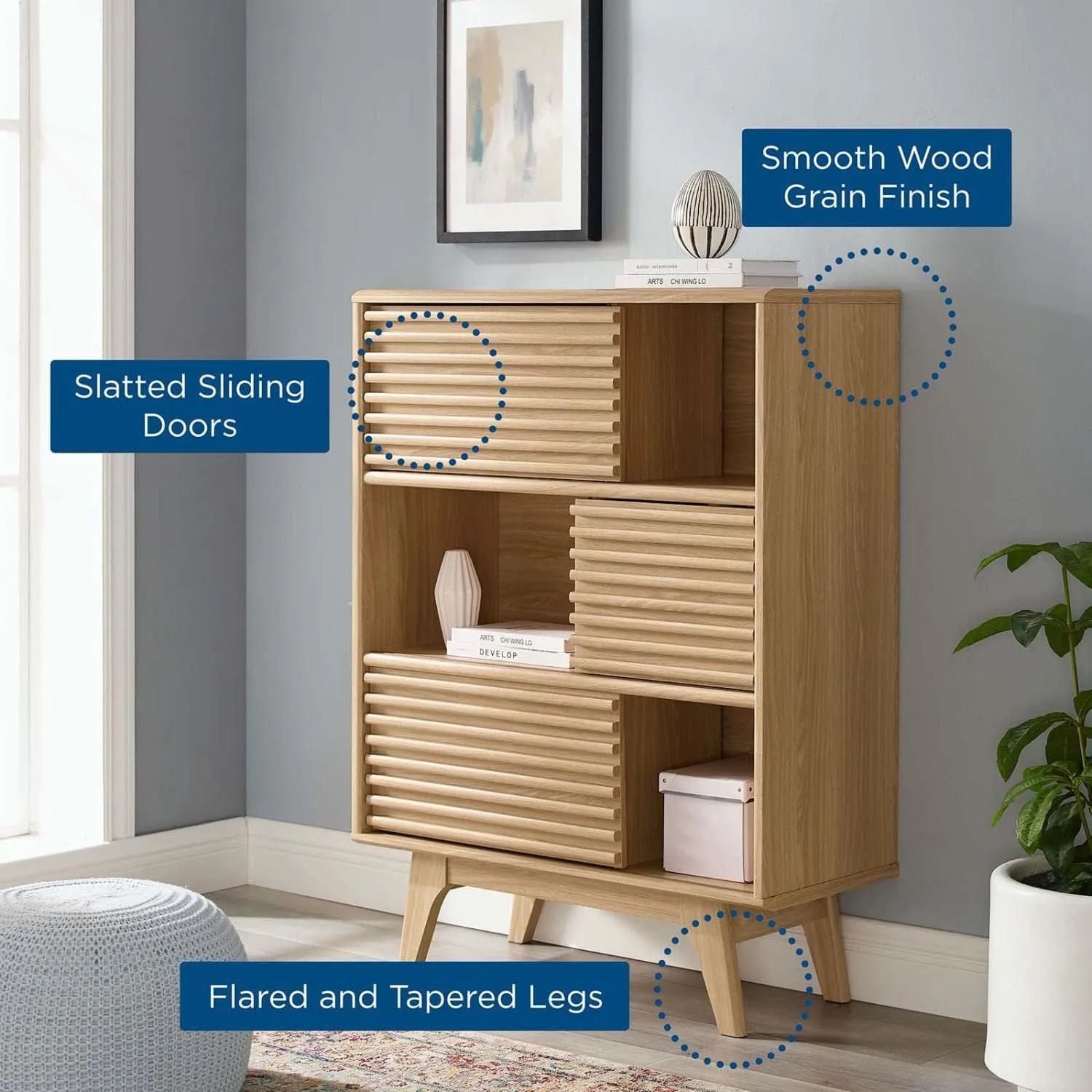 Modway Render Mid-Century Modern Three-Tier Display Storage Cabinet Stand in Oak