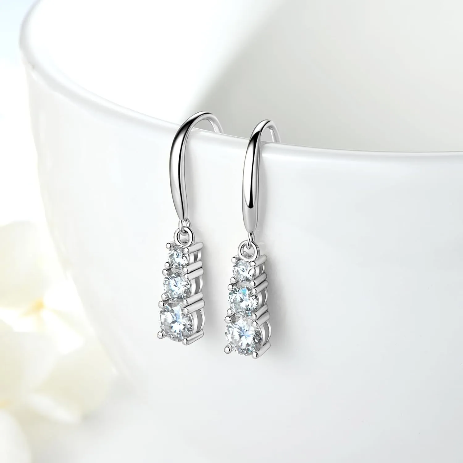 Moissanite Drop Earrings for Women, Solitaire Lab Imitation Diamond Hook Earrings, 18K White Gold Plated D Color Round Cut 925 Sterling Silver Dangle Earrings, GRA Certified