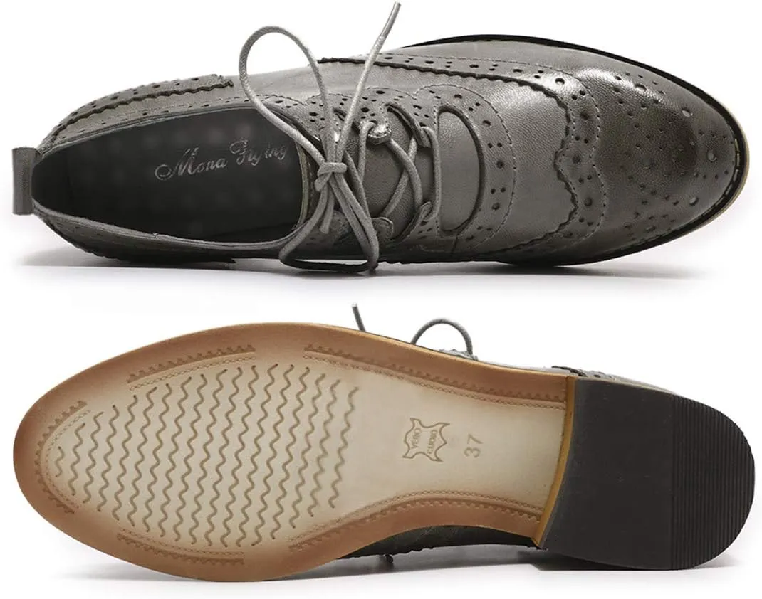 Mona flying Women's Handmade Wingtip Oxfords Comfy Lace up Brogue Leather Shoes for Ladies