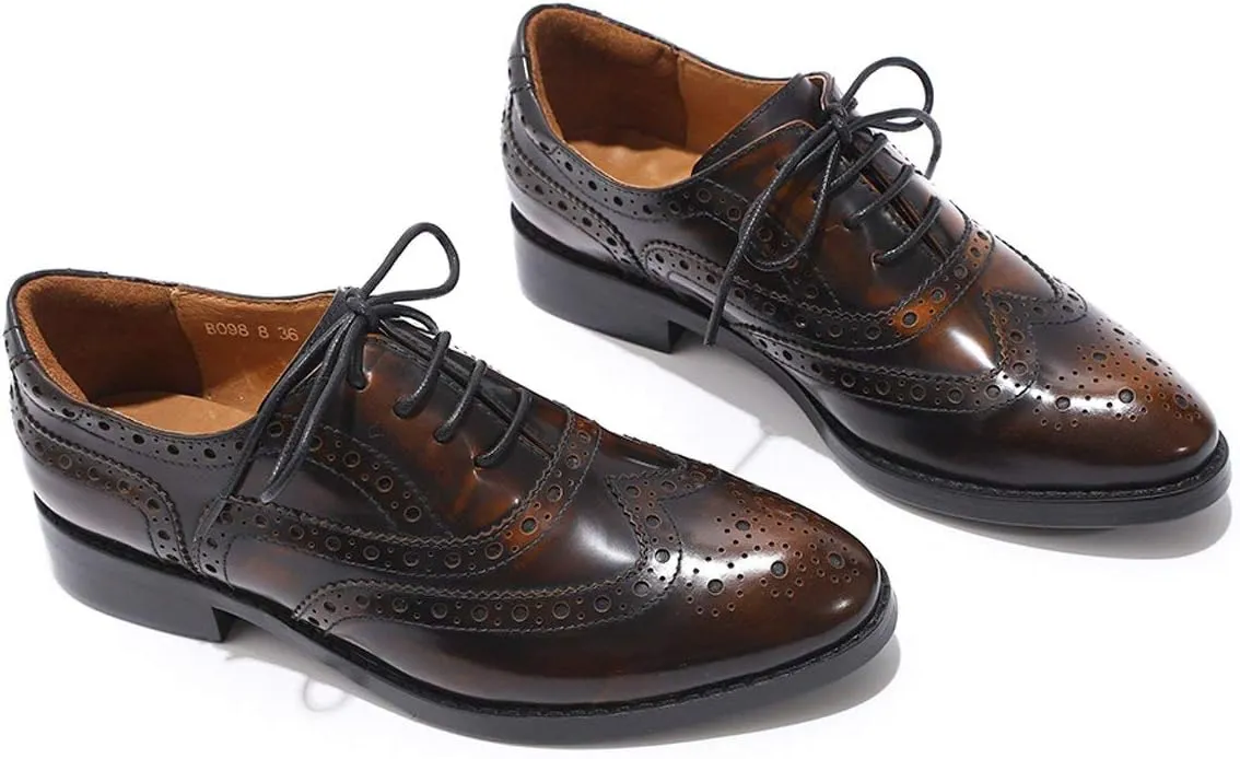 Mona flying Women's Leather Perforated Lace-up Oxfords Brogue Wingtip Shoes for Ladies Women