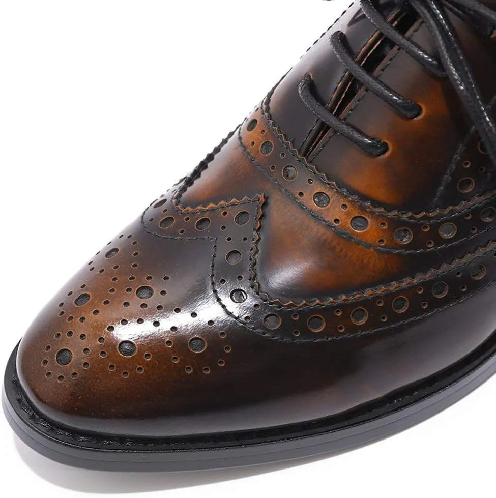 Mona flying Women's Leather Perforated Lace-up Oxfords Brogue Wingtip Shoes for Ladies Women
