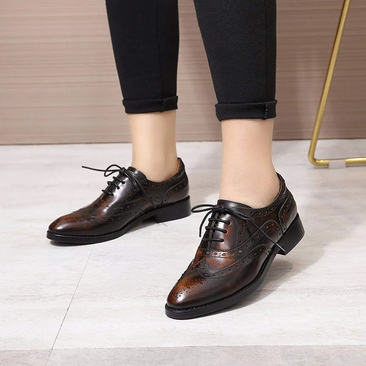 Mona flying Women's Leather Perforated Lace-up Oxfords Brogue Wingtip Shoes for Ladies Women