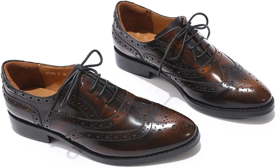 Mona flying Women's Leather Perforated Lace-up Oxfords Brogue Wingtip Shoes for Ladies Women
