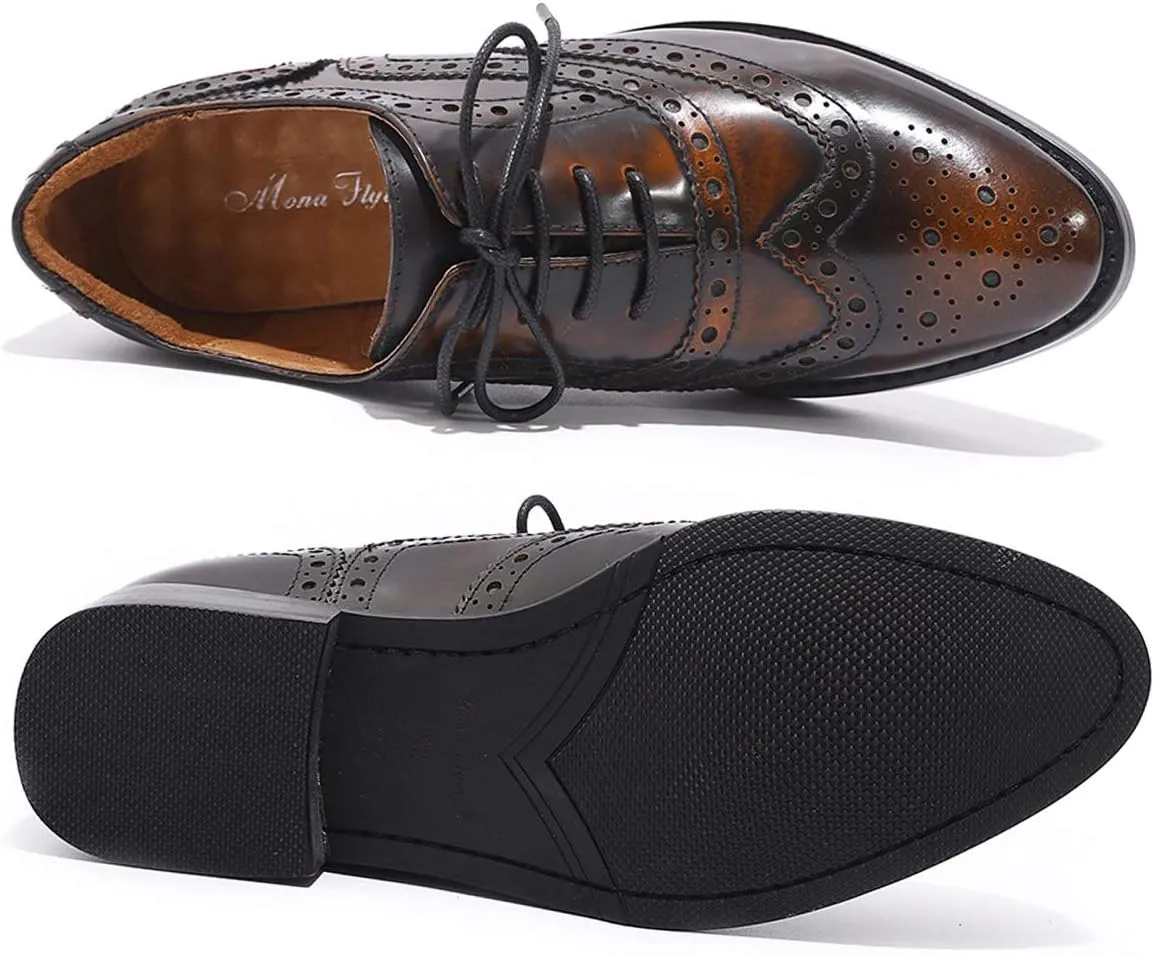 Mona flying Women's Leather Perforated Lace-up Oxfords Brogue Wingtip Shoes for Ladies Women
