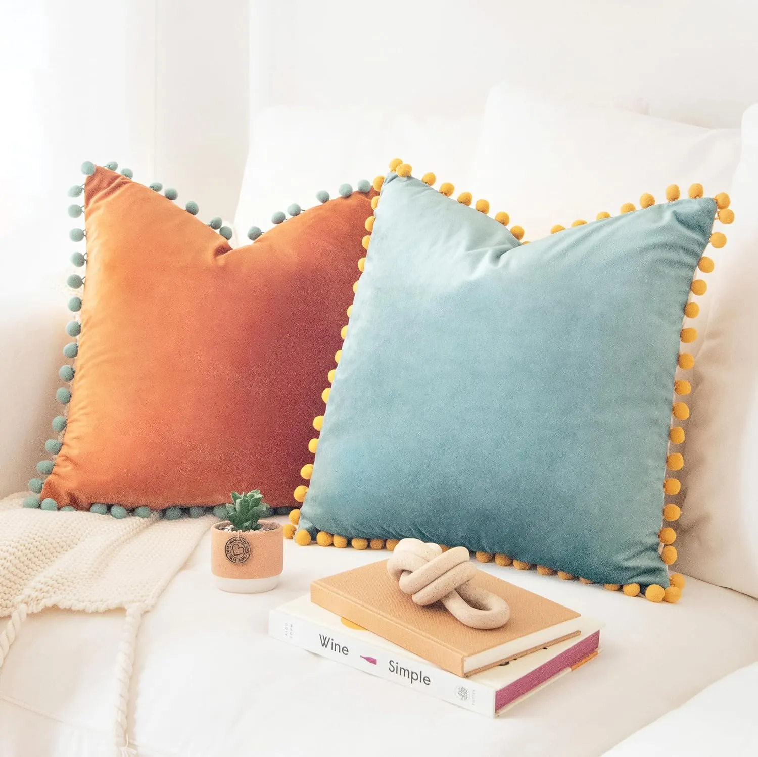 MONDAY MOOSE Decorative Throw Pillow Covers Cushion Cases, Set of 2 Soft Velvet Pom Poms Double-Sided Designs, Mix and Match for Home Decor, Pillow Inserts Not Included (18x18 inch, Orange/Teal)